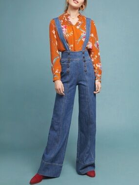 Pilcro Anthropologie Denim Bib Jumpsuit Wide Leg Sailor Button Overalls Size 26